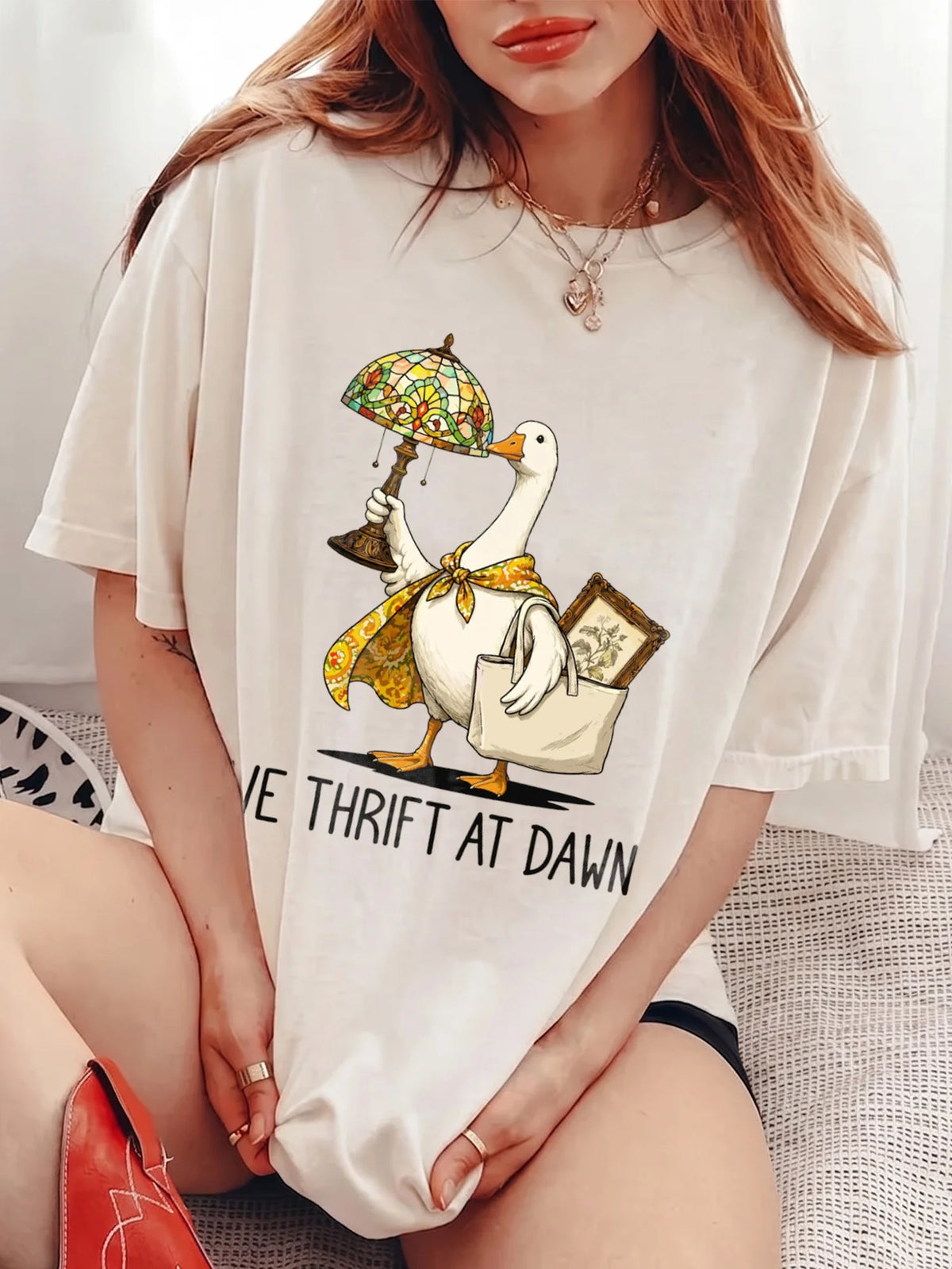 Funny Graphic T-Shirt We Thrift At Dawn Goose Vintage Shopping Tee Thrift Lover Gift