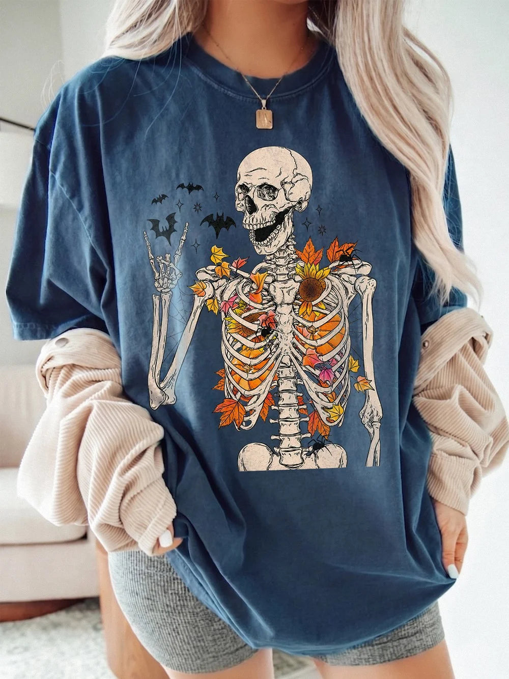 Fall Skeleton Shirt Spooky Cute Autumn Graphic Tee With Bats And Leaves Halloween Gift