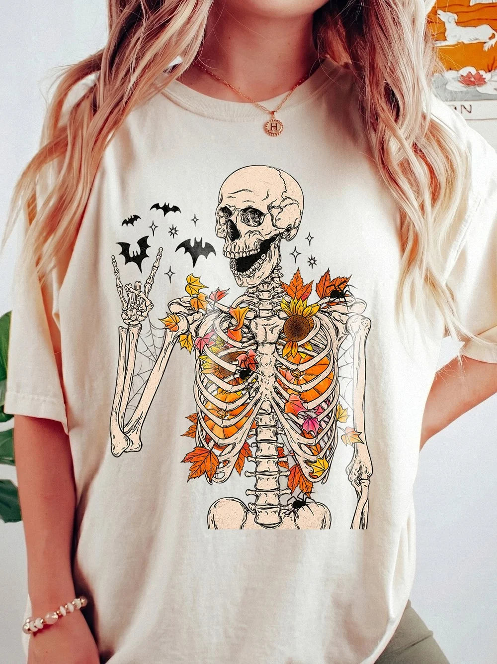 Fall Skeleton Shirt Spooky Cute Autumn Graphic Tee With Bats And Leaves Halloween Gift