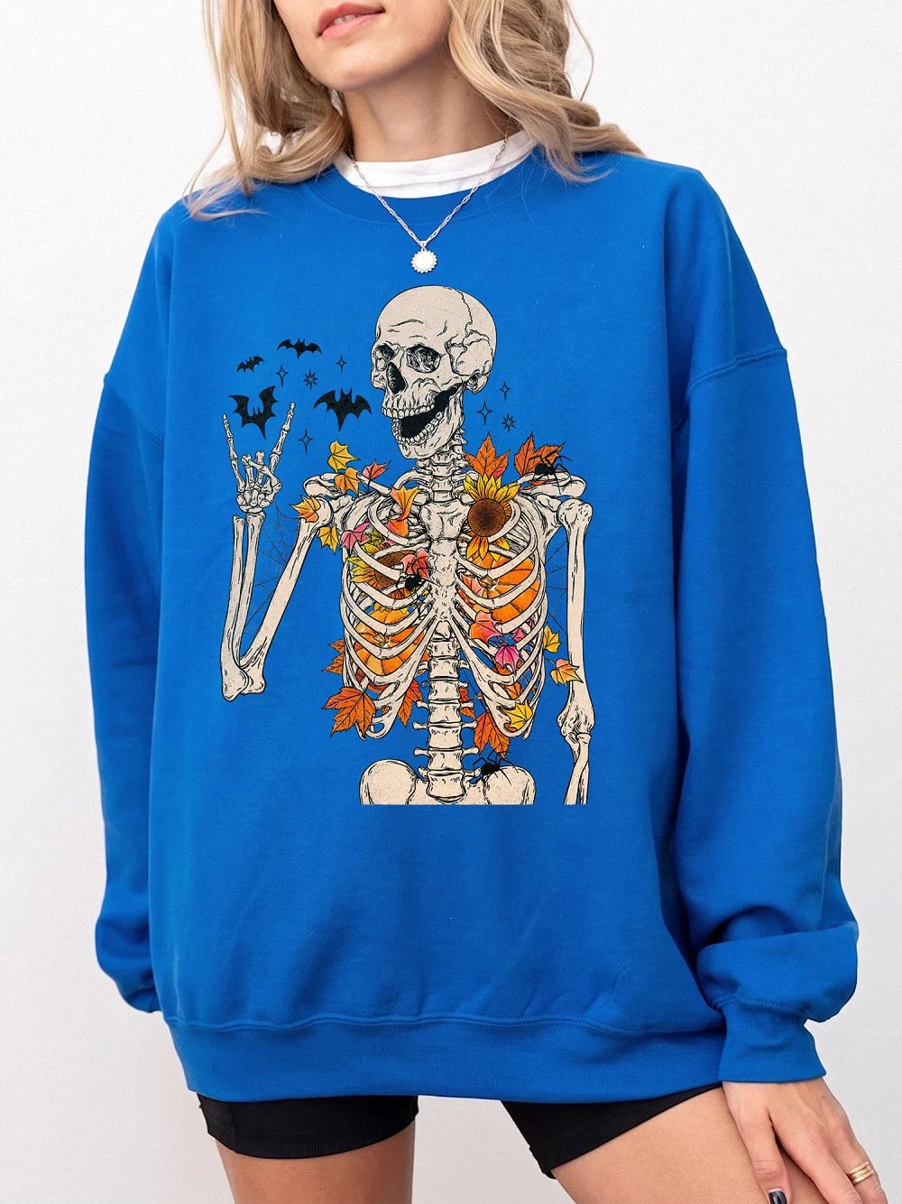Fall Skeleton Shirt Spooky Cute Autumn Graphic Tee With Bats And Leaves Halloween Gift