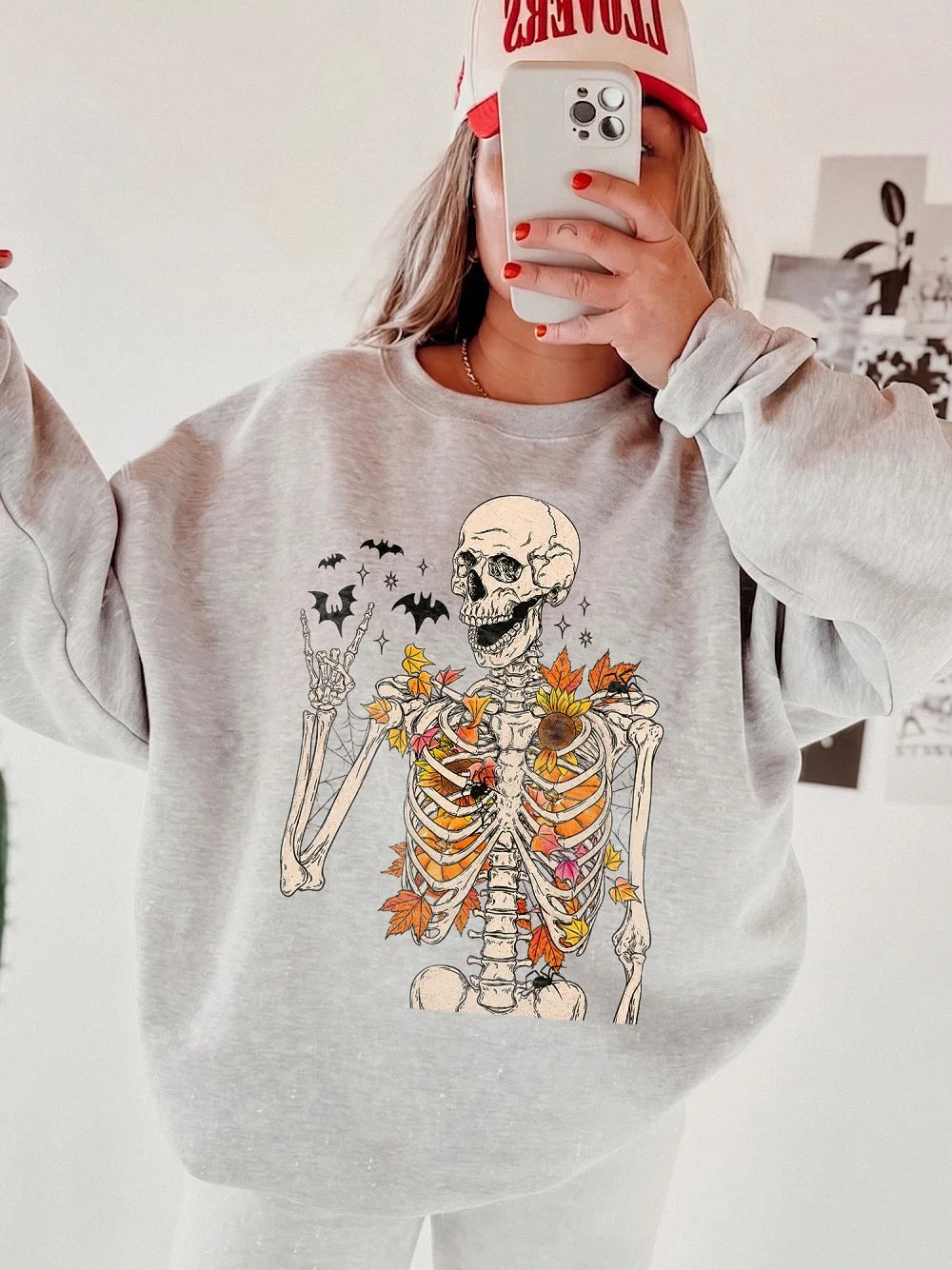 Fall Skeleton Shirt Spooky Cute Autumn Graphic Tee With Bats And Leaves Halloween Gift