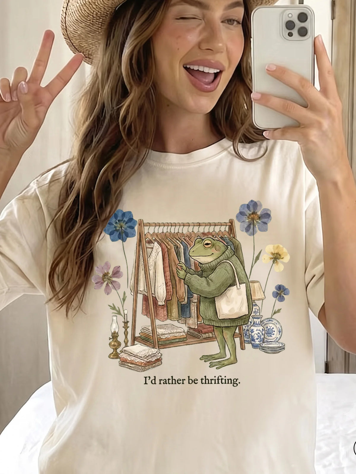 I'd Rather Be Thrifting Shirt Cottagecore Frog Graphic Tee for Vintage Shoppers