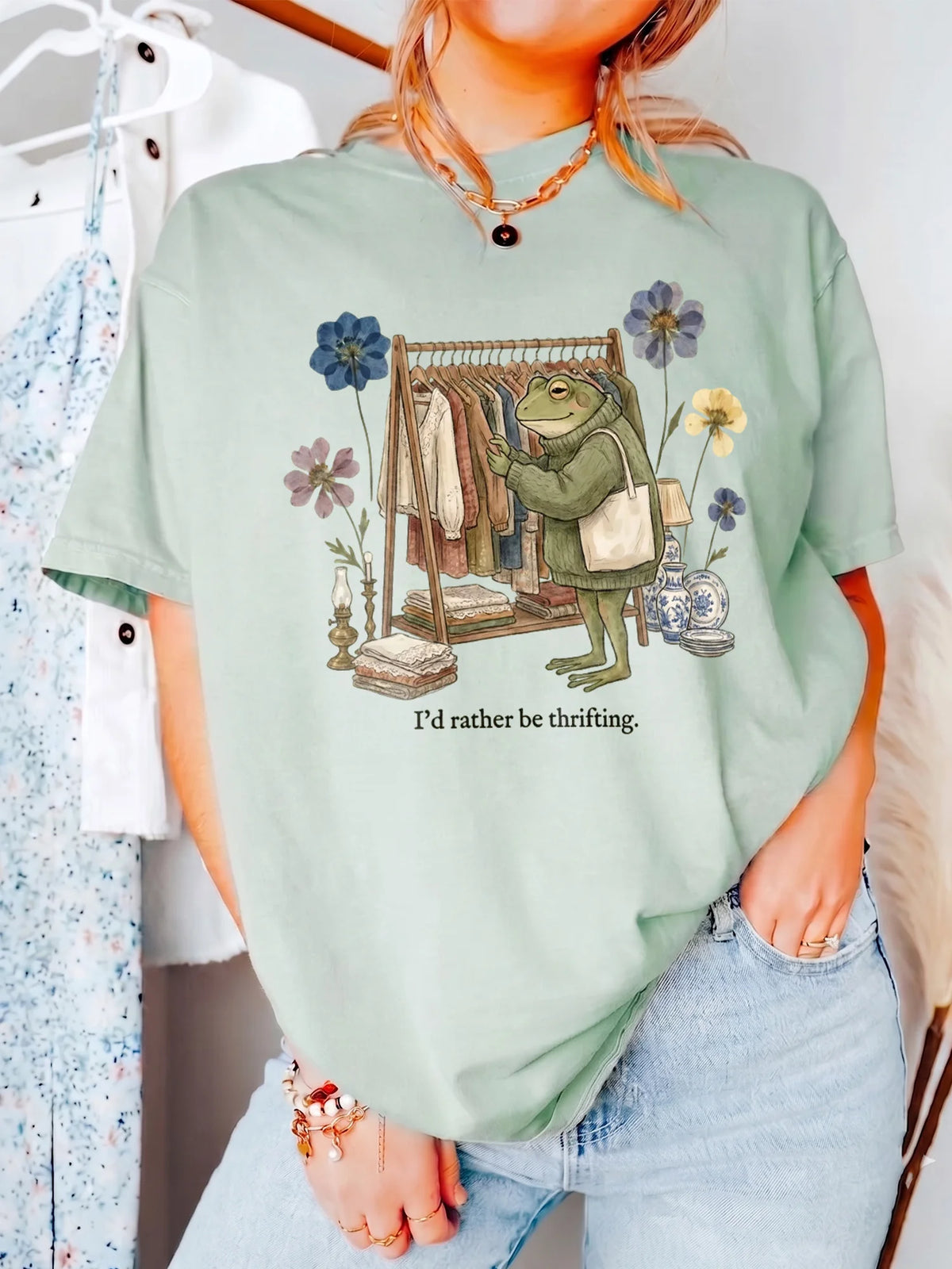 I'd Rather Be Thrifting Shirt Cottagecore Frog Graphic Tee for Vintage Shoppers