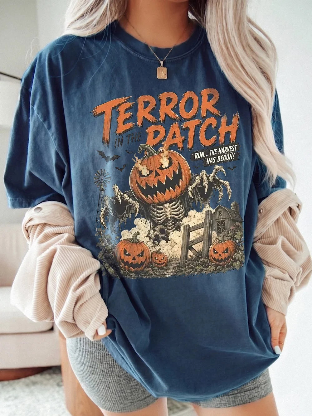 Vintage Halloween Pumpkin Monster Long Sleeve T-Shirt Spooky Fall Harvest Graphic Tee