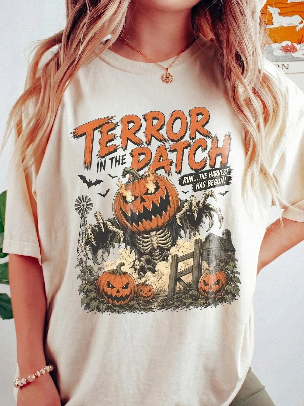 Vintage Halloween Pumpkin Monster Long Sleeve T-Shirt Spooky Fall Harvest Graphic Tee