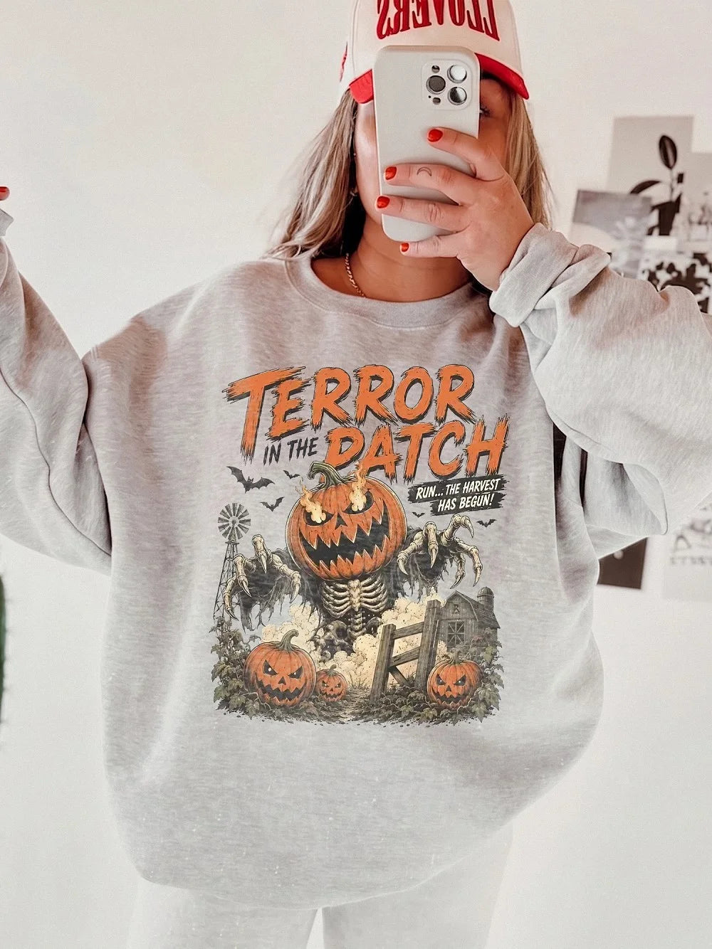 Vintage Halloween Pumpkin Monster Long Sleeve T-Shirt Spooky Fall Harvest Graphic Tee