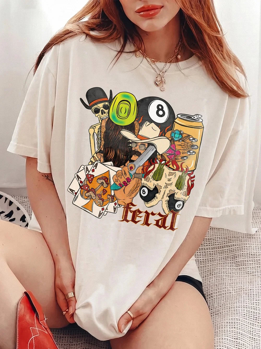 Oversized Graphic T-Shirt Feral Edgy Western Skeleton Streetwear Tee