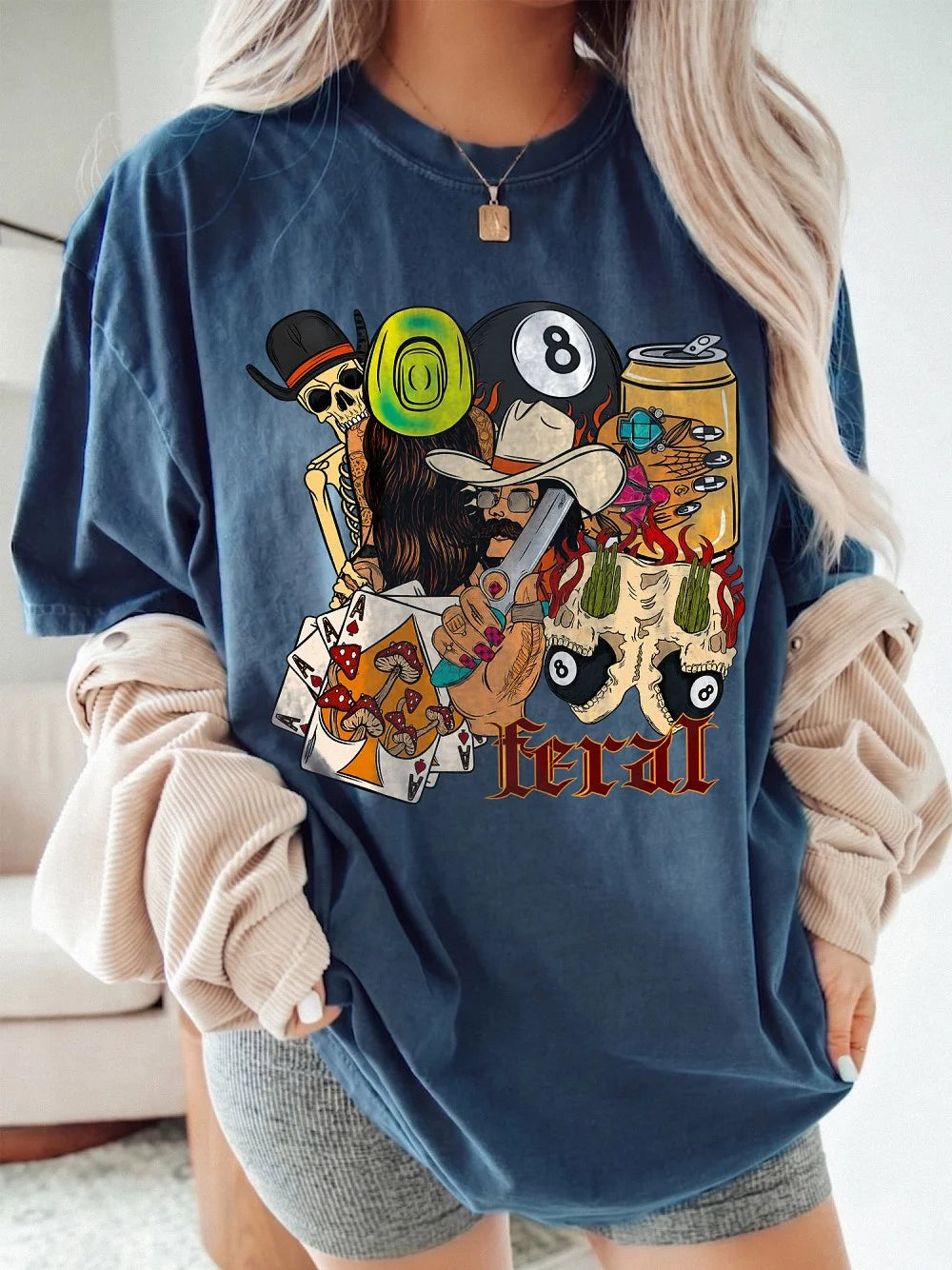 Oversized Graphic T-Shirt Feral Edgy Western Skeleton Streetwear Tee