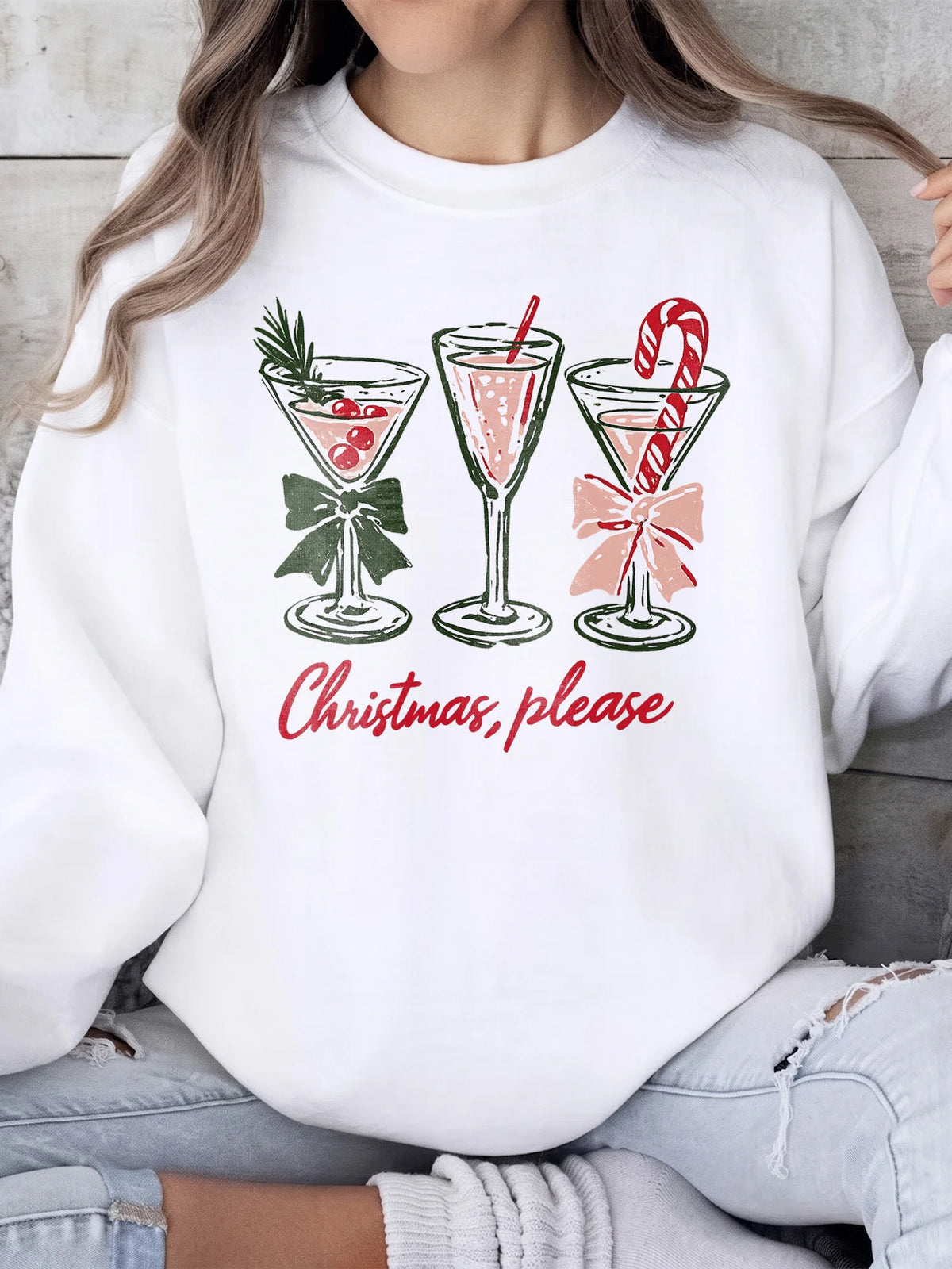 Festive Holiday Cocktails Women's Christmas Sweatshirt Cozy Christmas Please Party Sweater