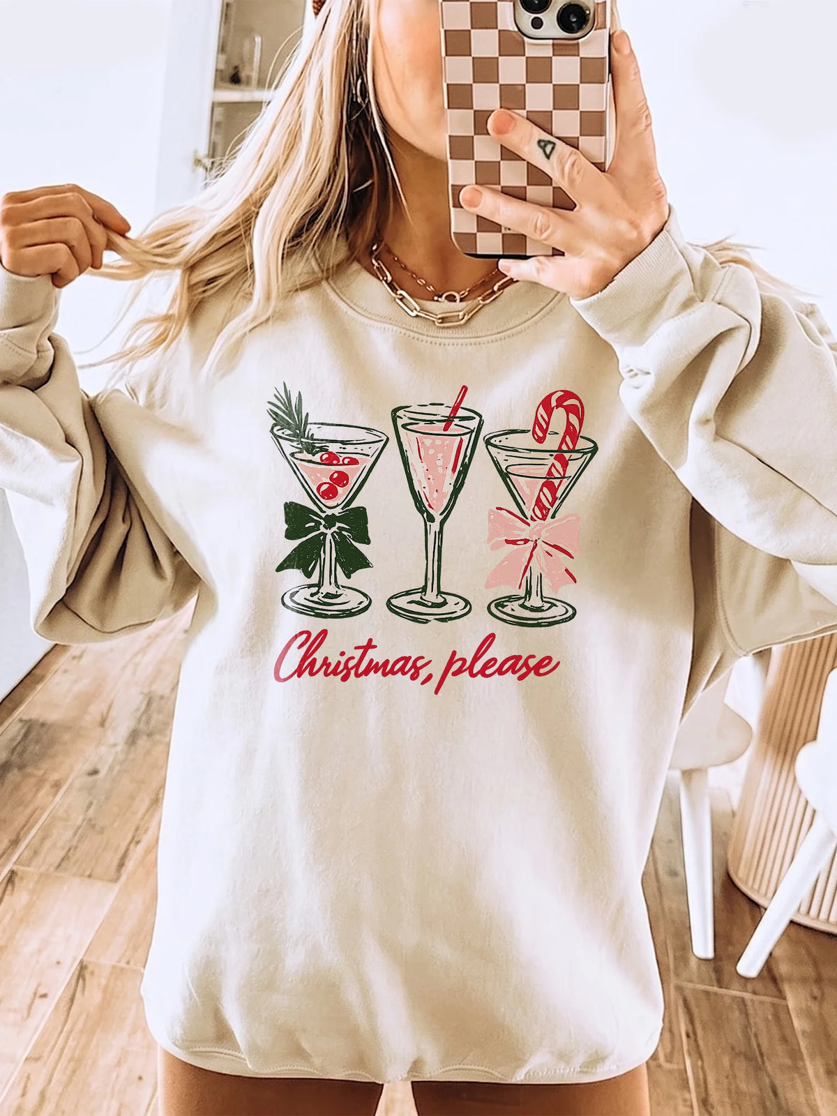 Festive Holiday Cocktails Women's Christmas Sweatshirt Cozy Christmas Please Party Sweater