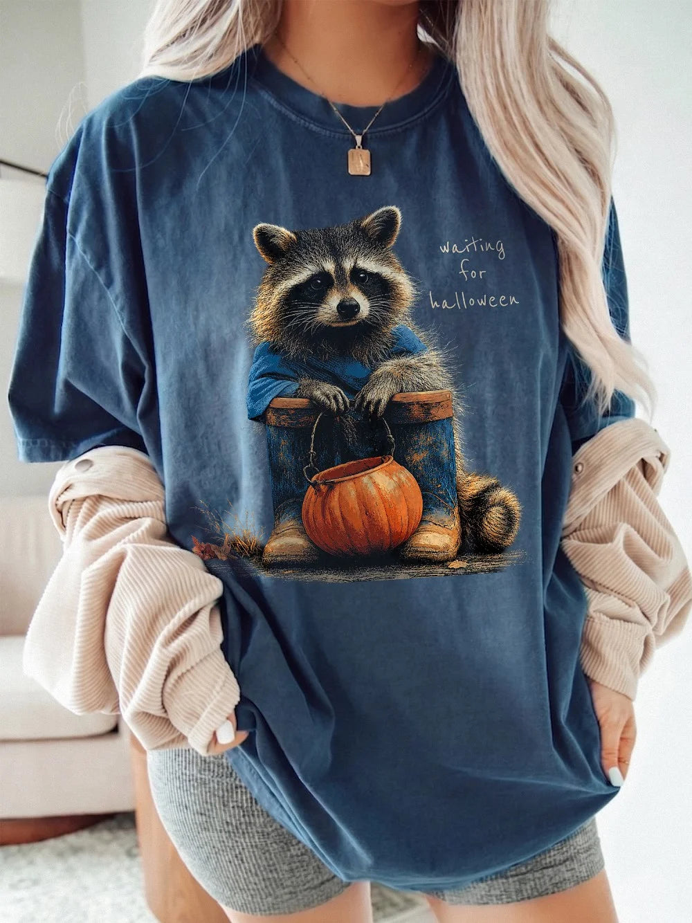 Waiting For Halloween Shirt Cute Raccoon Pumpkin Graphic Tee Early Fall Summerween Apparel