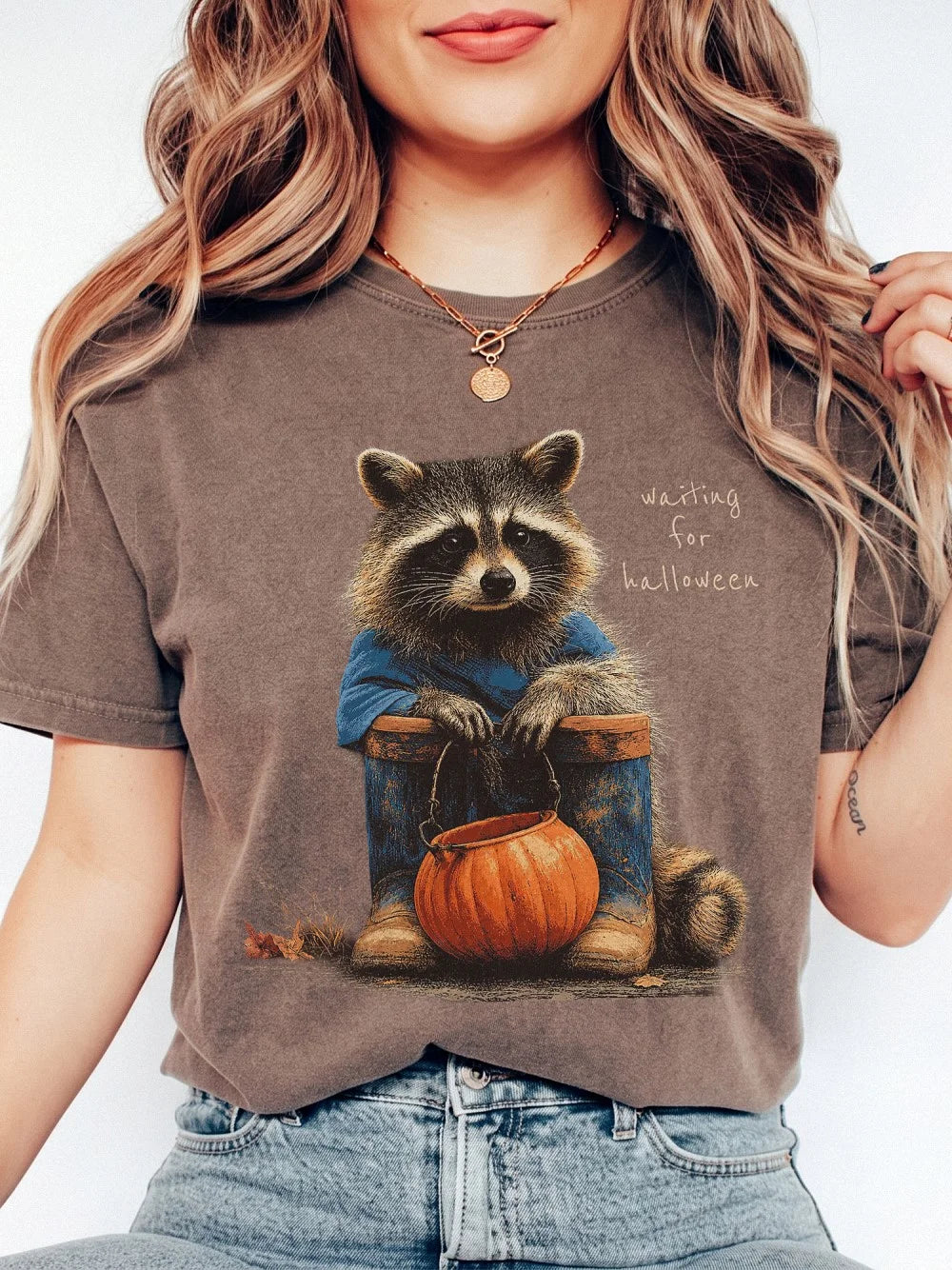Waiting For Halloween Shirt Cute Raccoon Pumpkin Graphic Tee Early Fall Summerween Apparel
