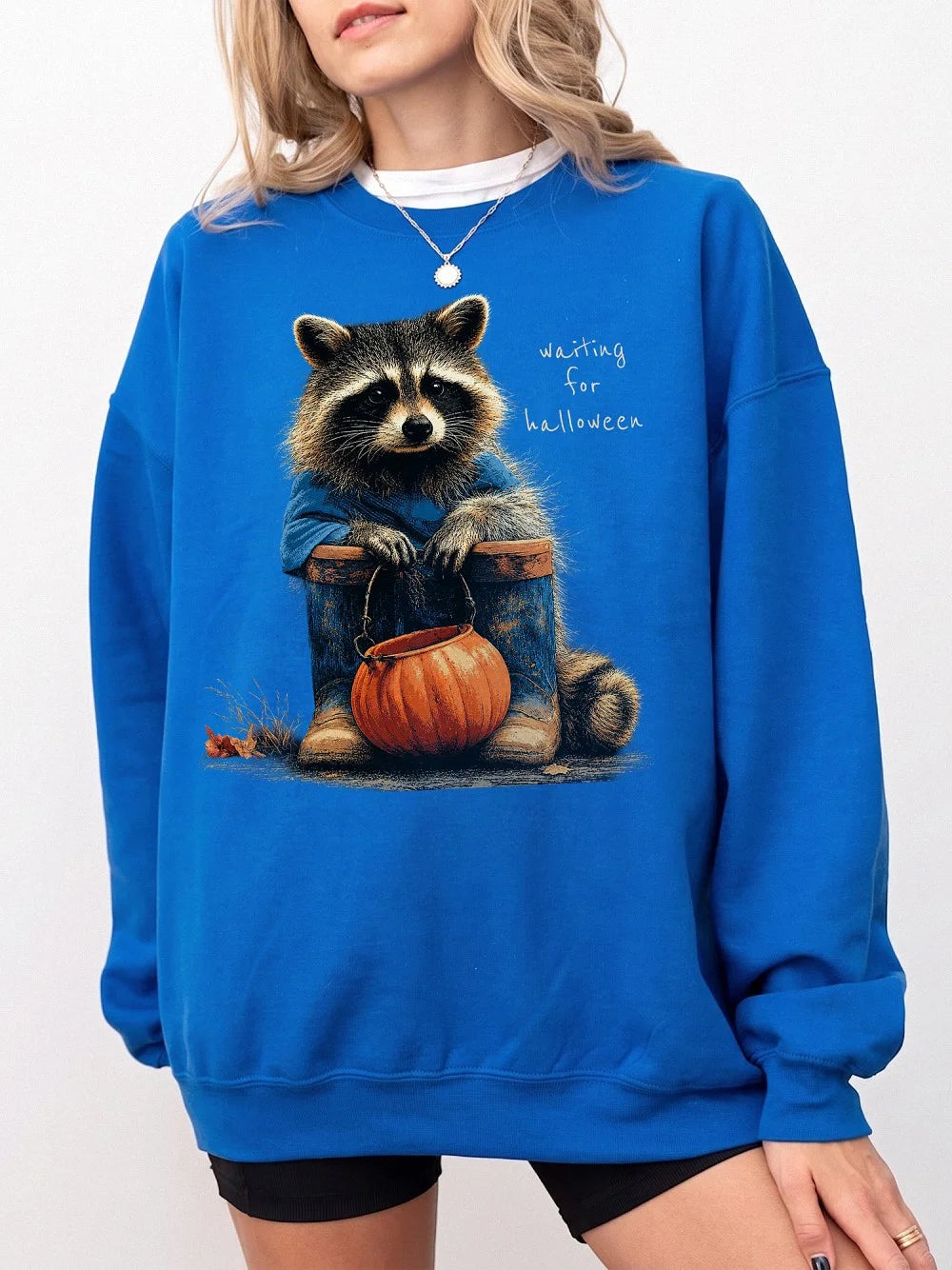 Waiting For Halloween Shirt Cute Raccoon Pumpkin Graphic Tee Early Fall Summerween Apparel