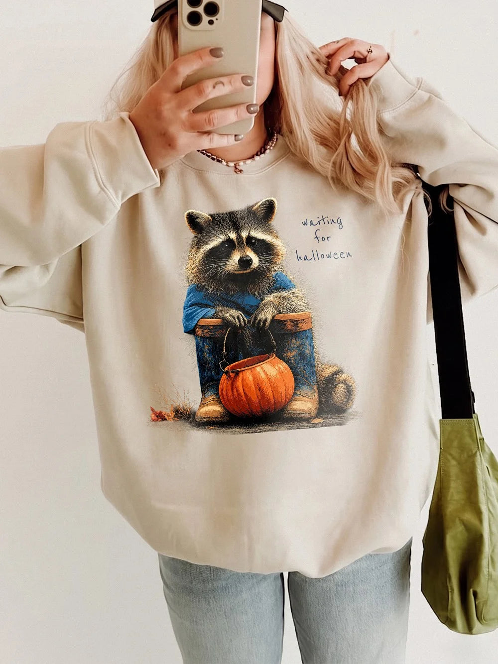 Waiting For Halloween Shirt Cute Raccoon Pumpkin Graphic Tee Early Fall Summerween Apparel