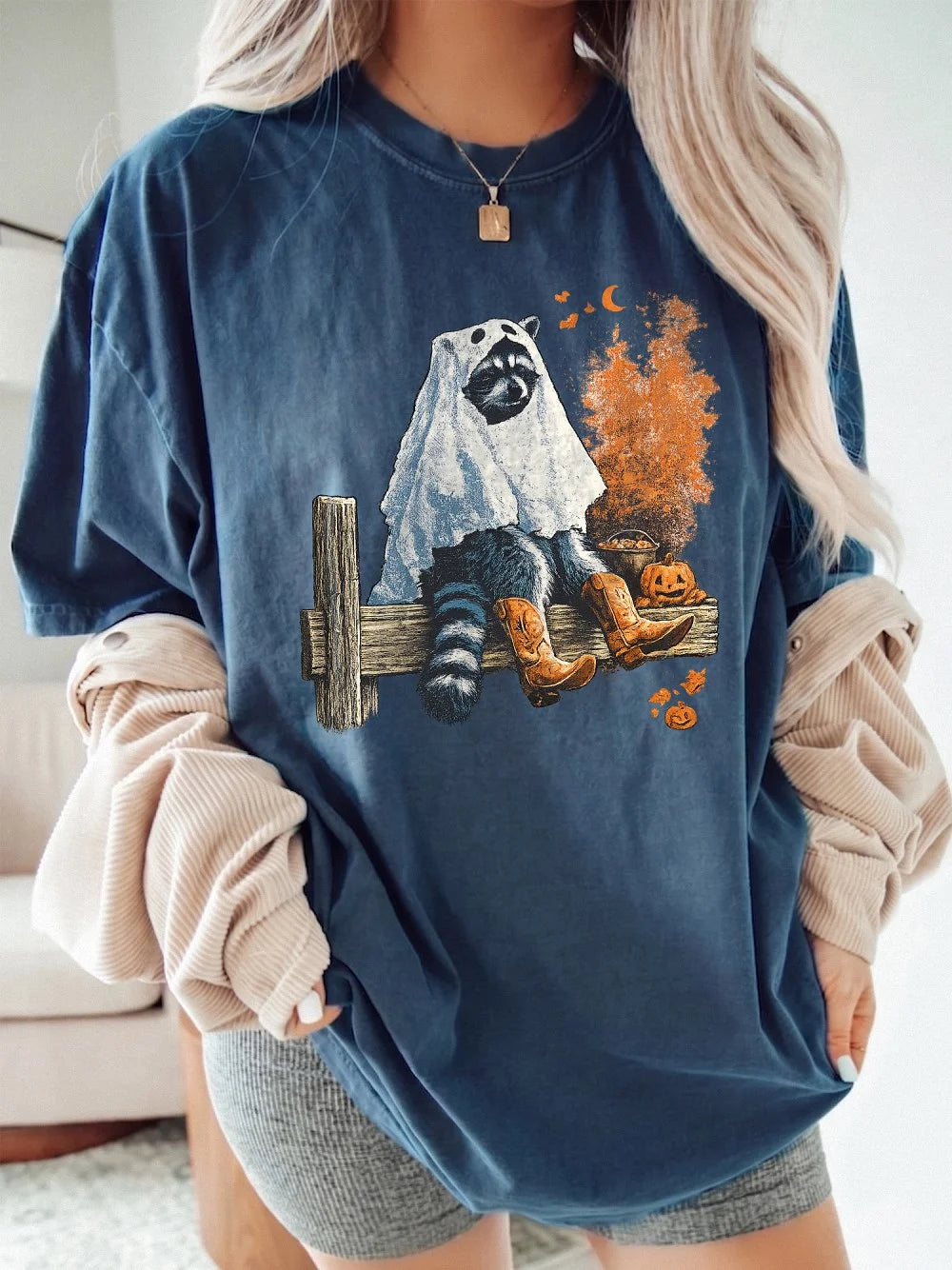 Cute Ghost Raccoon Long-Sleeve Graphic Tee Spooky Western Fall Apparel