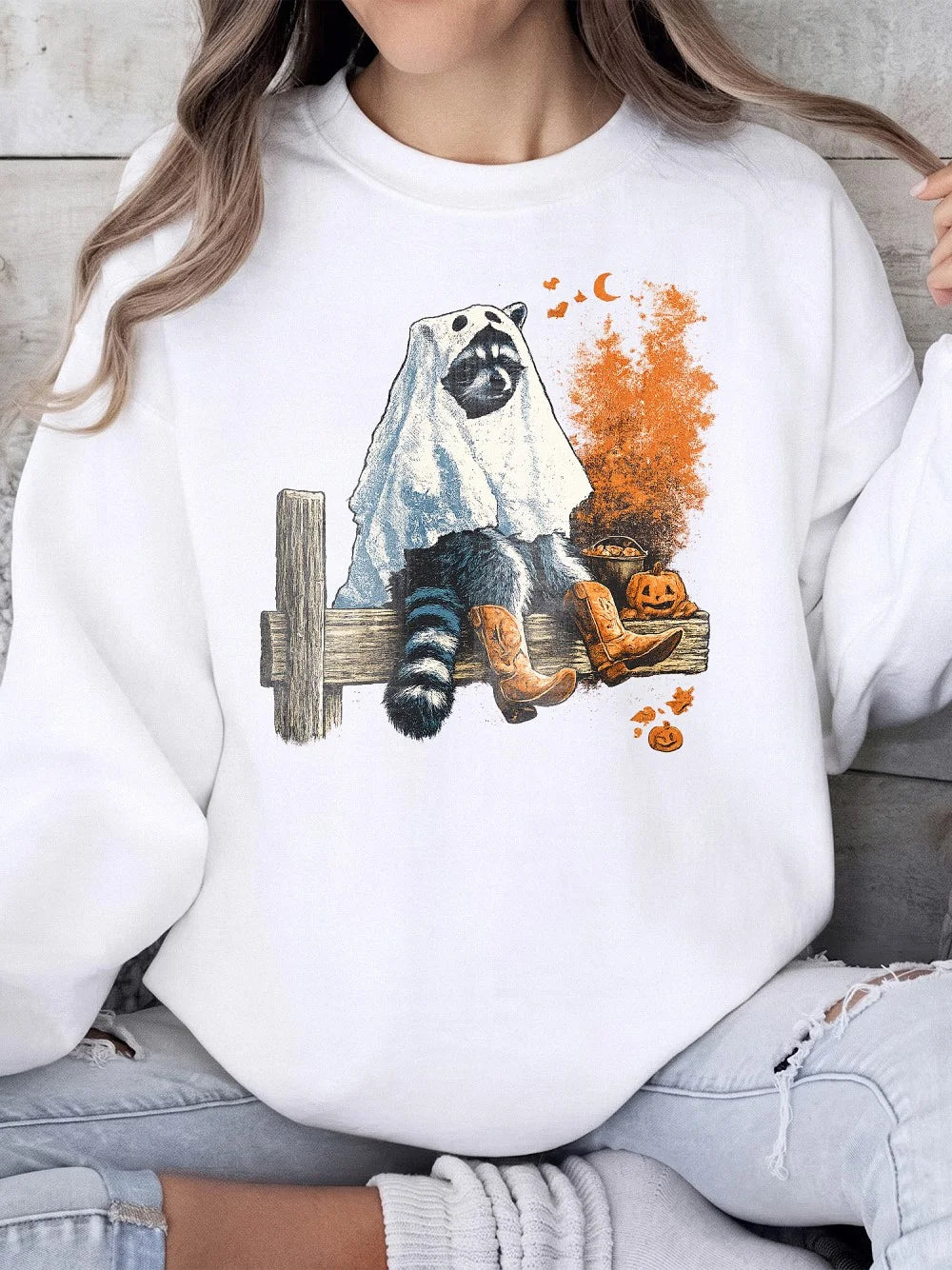 Cute Ghost Raccoon Long-Sleeve Graphic Tee Spooky Western Fall Apparel