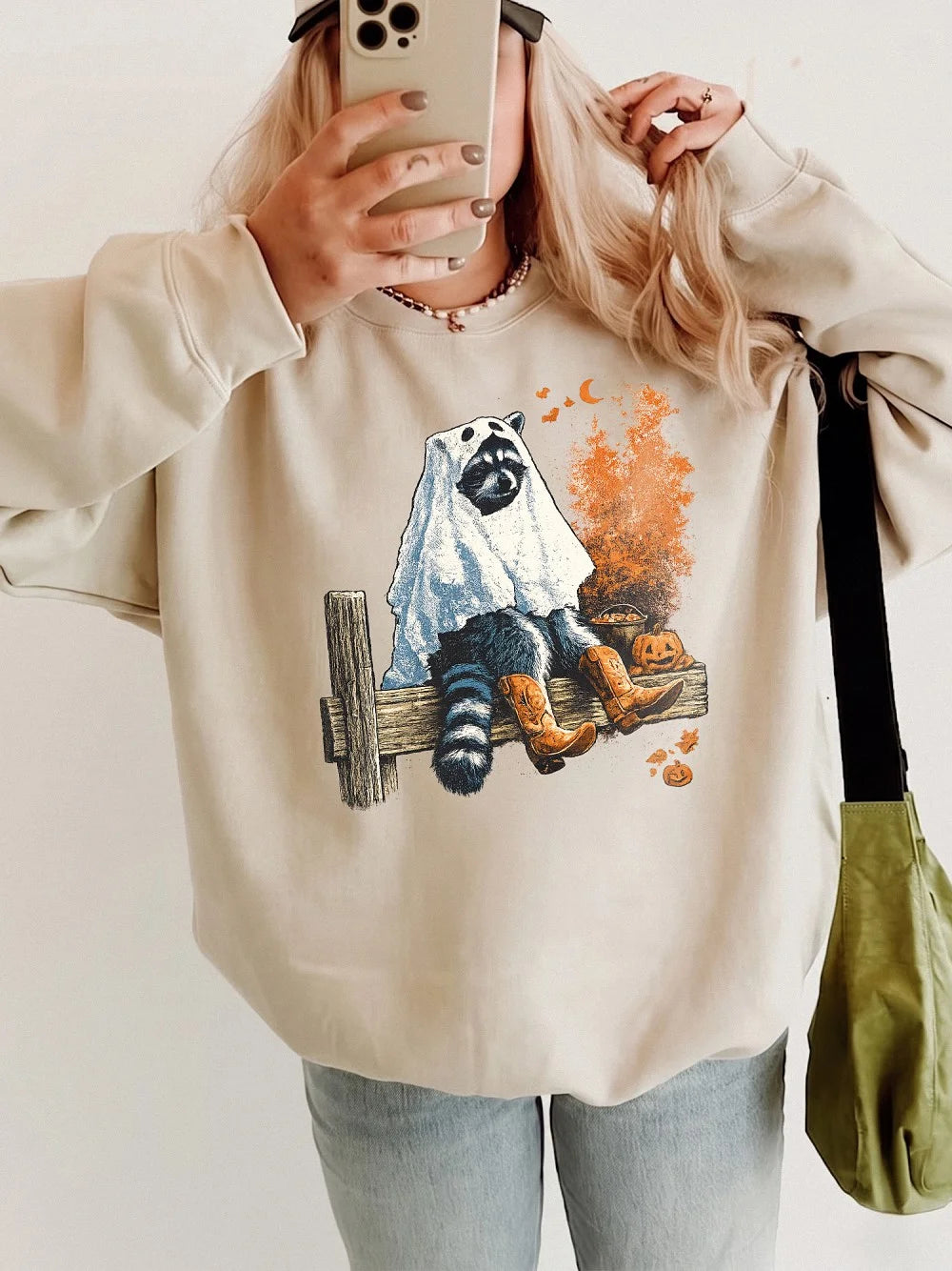 Cute Ghost Raccoon Long-Sleeve Graphic Tee Spooky Western Fall Apparel