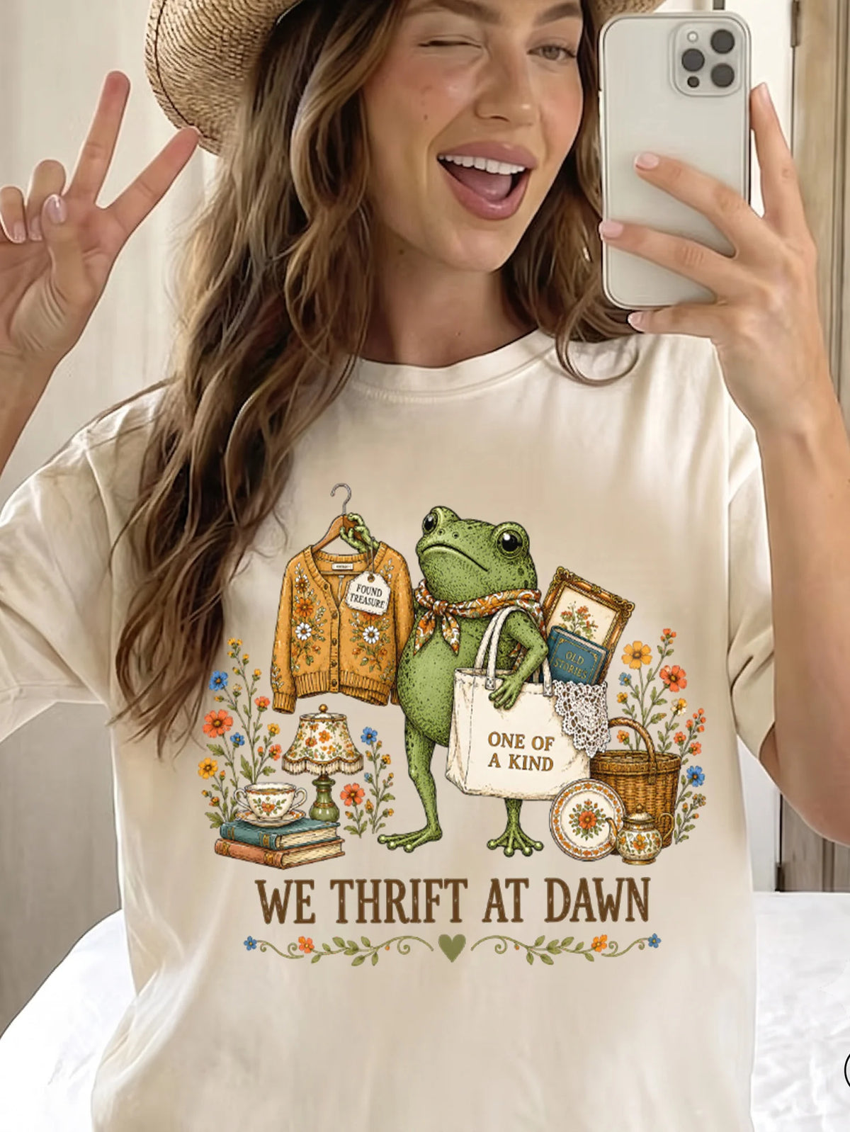 Vintage Frog We Thrift At Dawn Graphic T-Shirt Cottagecore Treasure Hunter Shirt