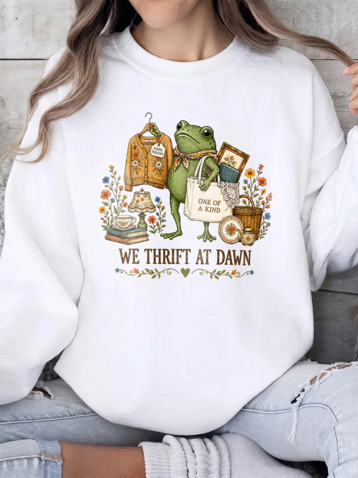 Vintage Frog We Thrift At Dawn Graphic T-Shirt Cottagecore Treasure Hunter Shirt