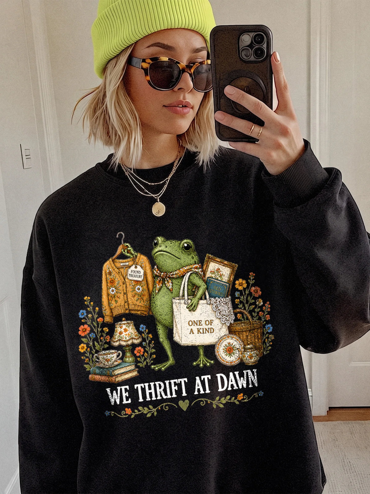 Vintage Frog We Thrift At Dawn Graphic T-Shirt Cottagecore Treasure Hunter Shirt