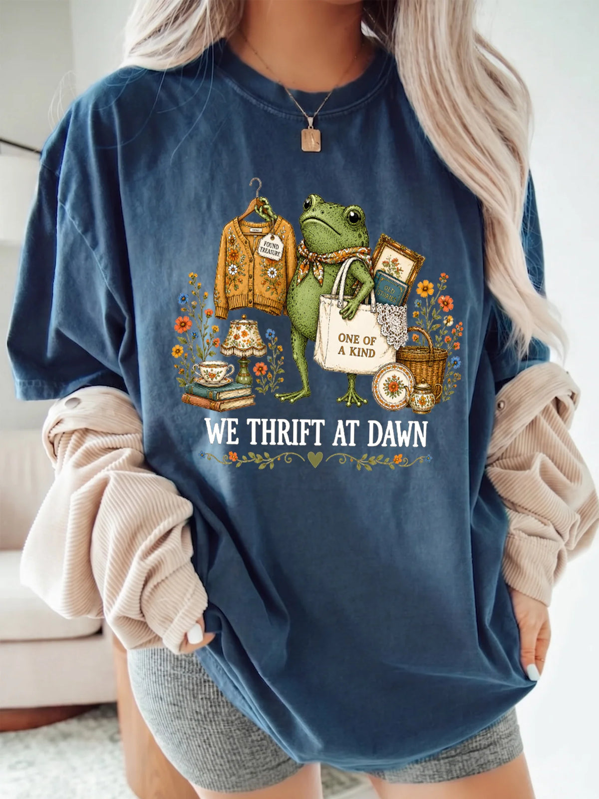Vintage Frog We Thrift At Dawn Graphic T-Shirt Cottagecore Treasure Hunter Shirt