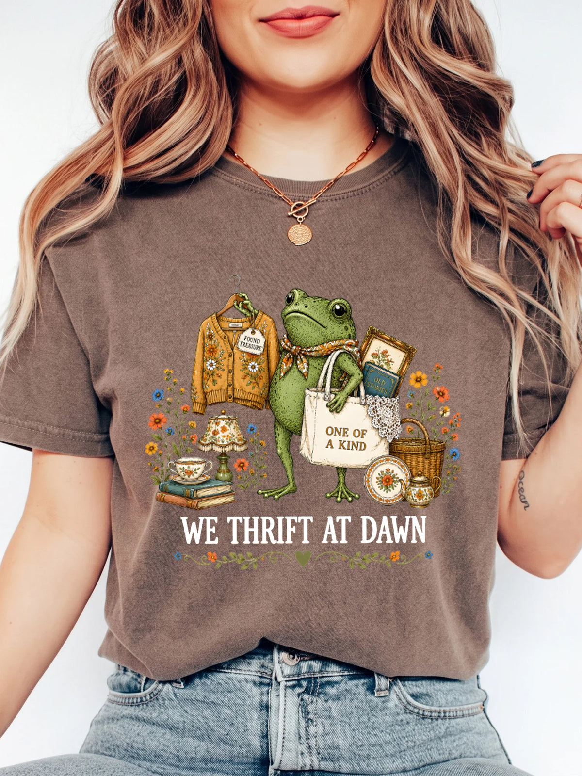 Vintage Frog We Thrift At Dawn Graphic T-Shirt Cottagecore Treasure Hunter Shirt