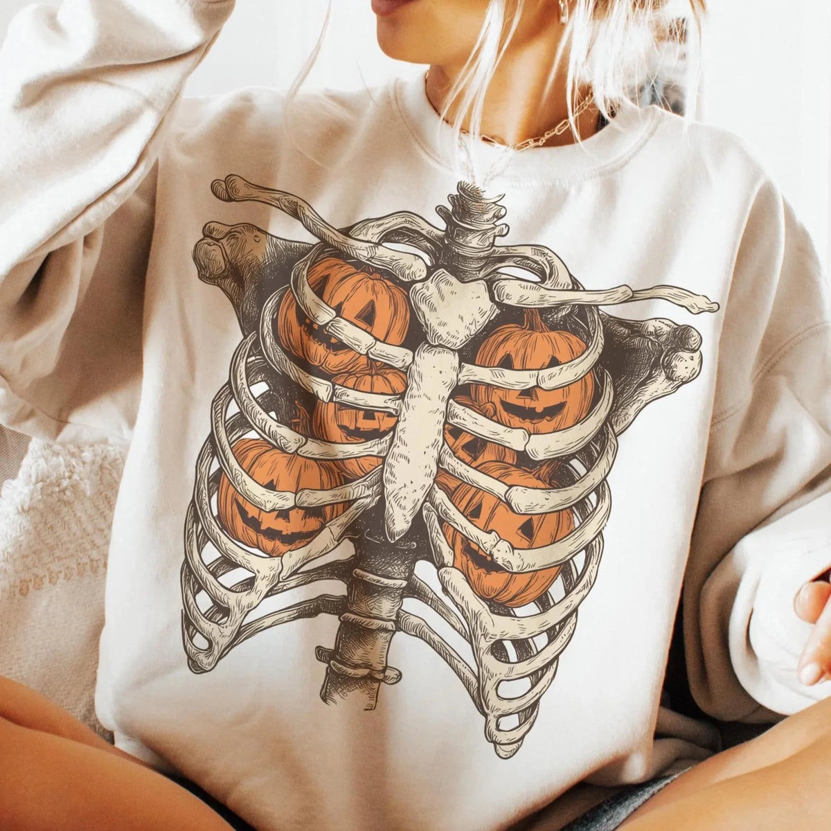 Skeleton Pumpkin Ribcage Sweatshirt Cozy Halloween Crewneck Spooky Season Fall Apparel