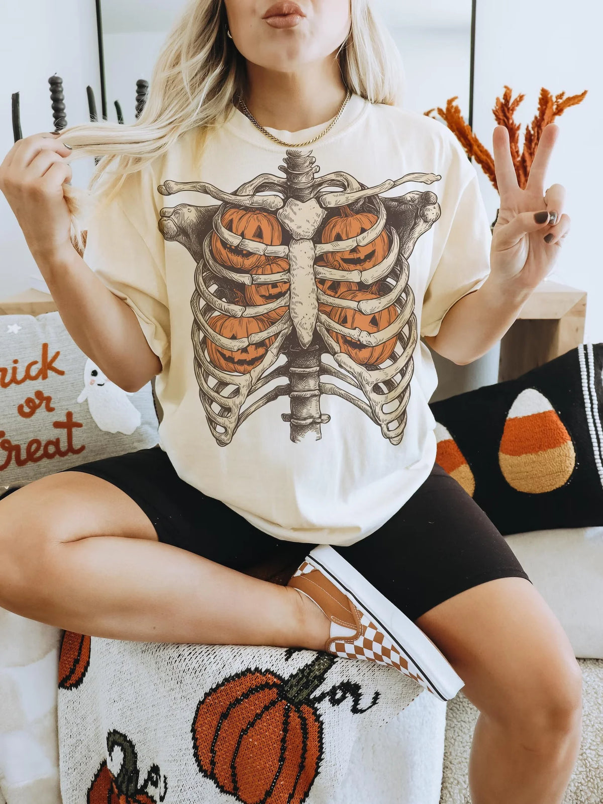 Skeleton Pumpkin Ribcage Sweatshirt Cozy Halloween Crewneck Spooky Season Fall Apparel