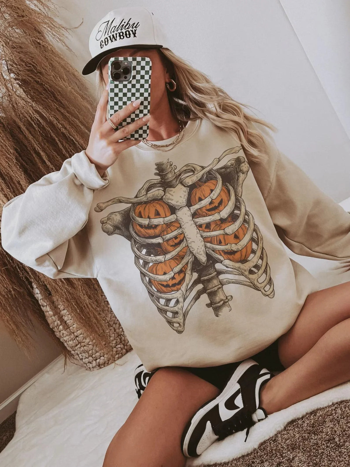 Skeleton Pumpkin Ribcage Sweatshirt Cozy Halloween Crewneck Spooky Season Fall Apparel