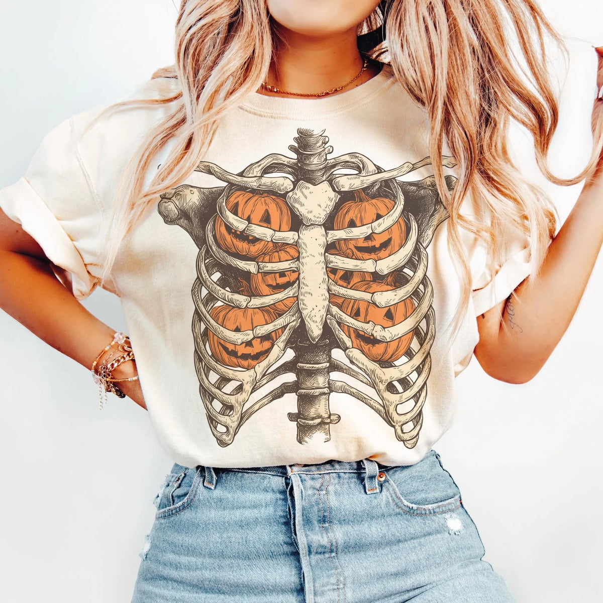 Skeleton Pumpkin Ribcage Sweatshirt Cozy Halloween Crewneck Spooky Season Fall Apparel
