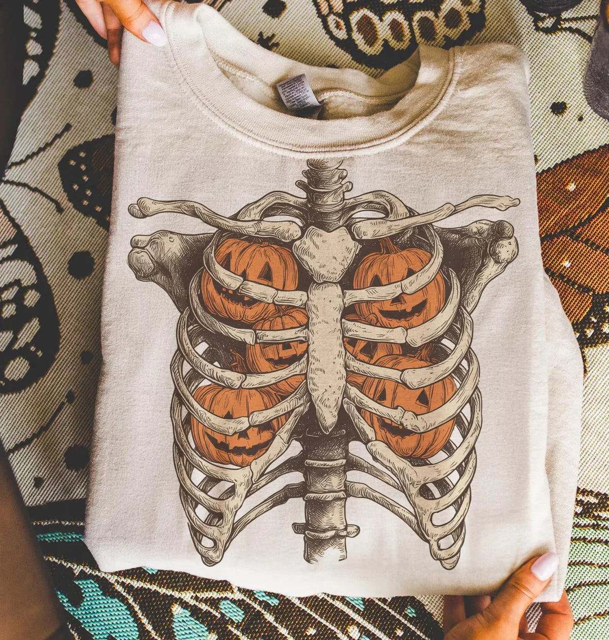 Skeleton Pumpkin Ribcage Sweatshirt Cozy Halloween Crewneck Spooky Season Fall Apparel