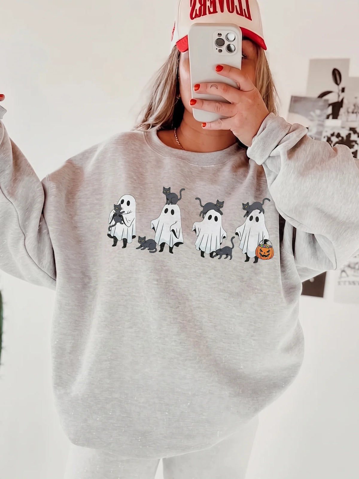 Cute Halloween Ghost And Black Cat Sweatshirt Spooky Season Fall Apparel