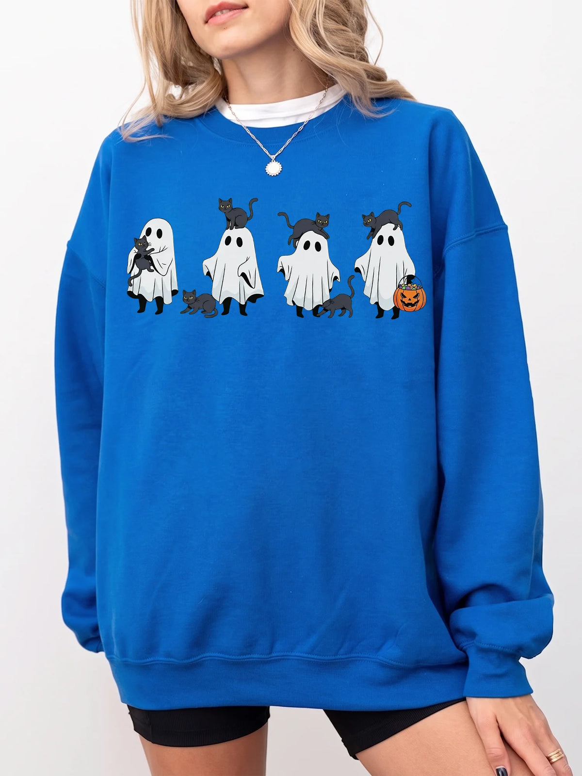Cute Halloween Ghost And Black Cat Sweatshirt Spooky Season Fall Apparel