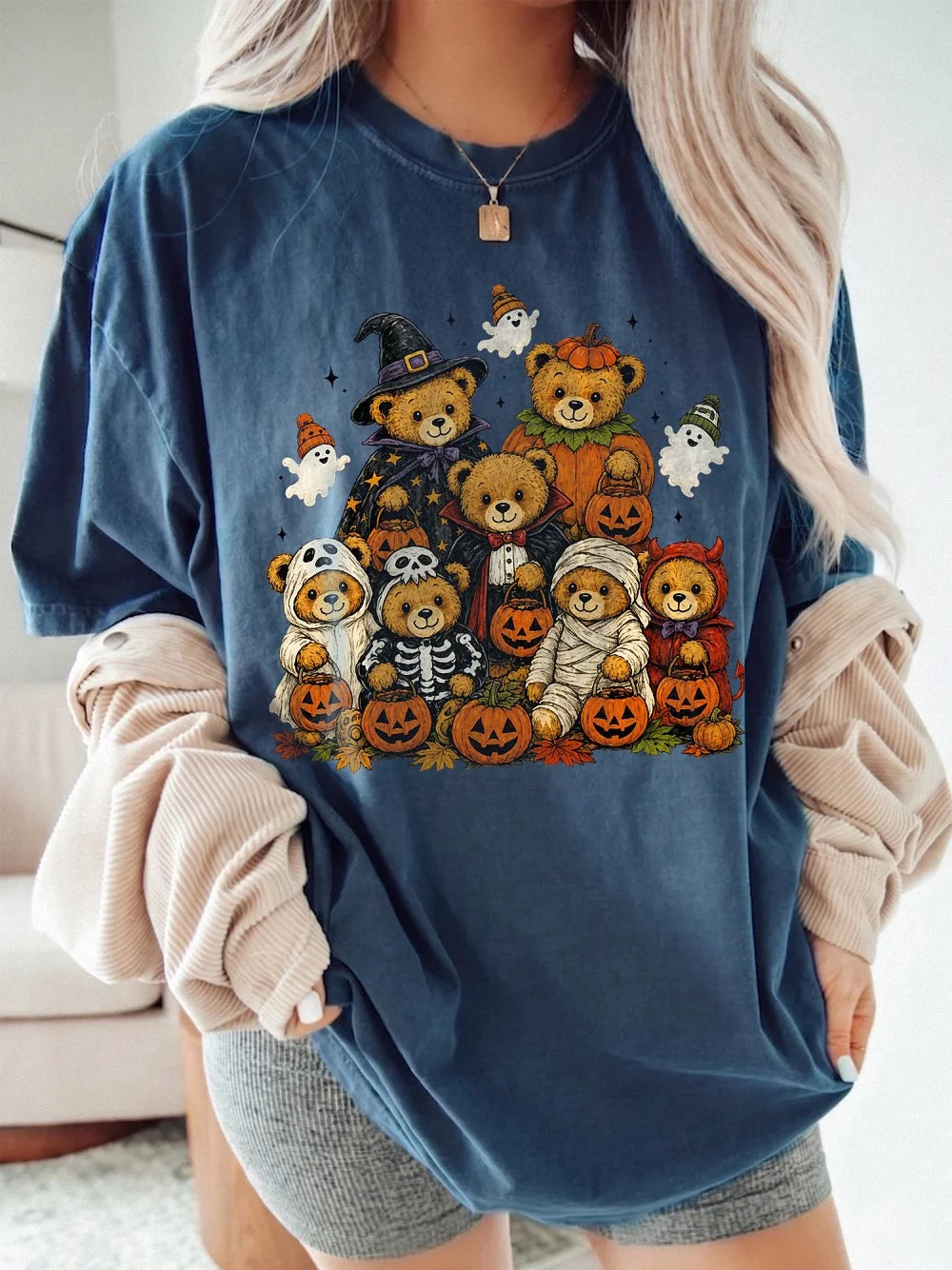 Cute Halloween Teddy Bear Graphic Tee Women's Fall Costume Shirt