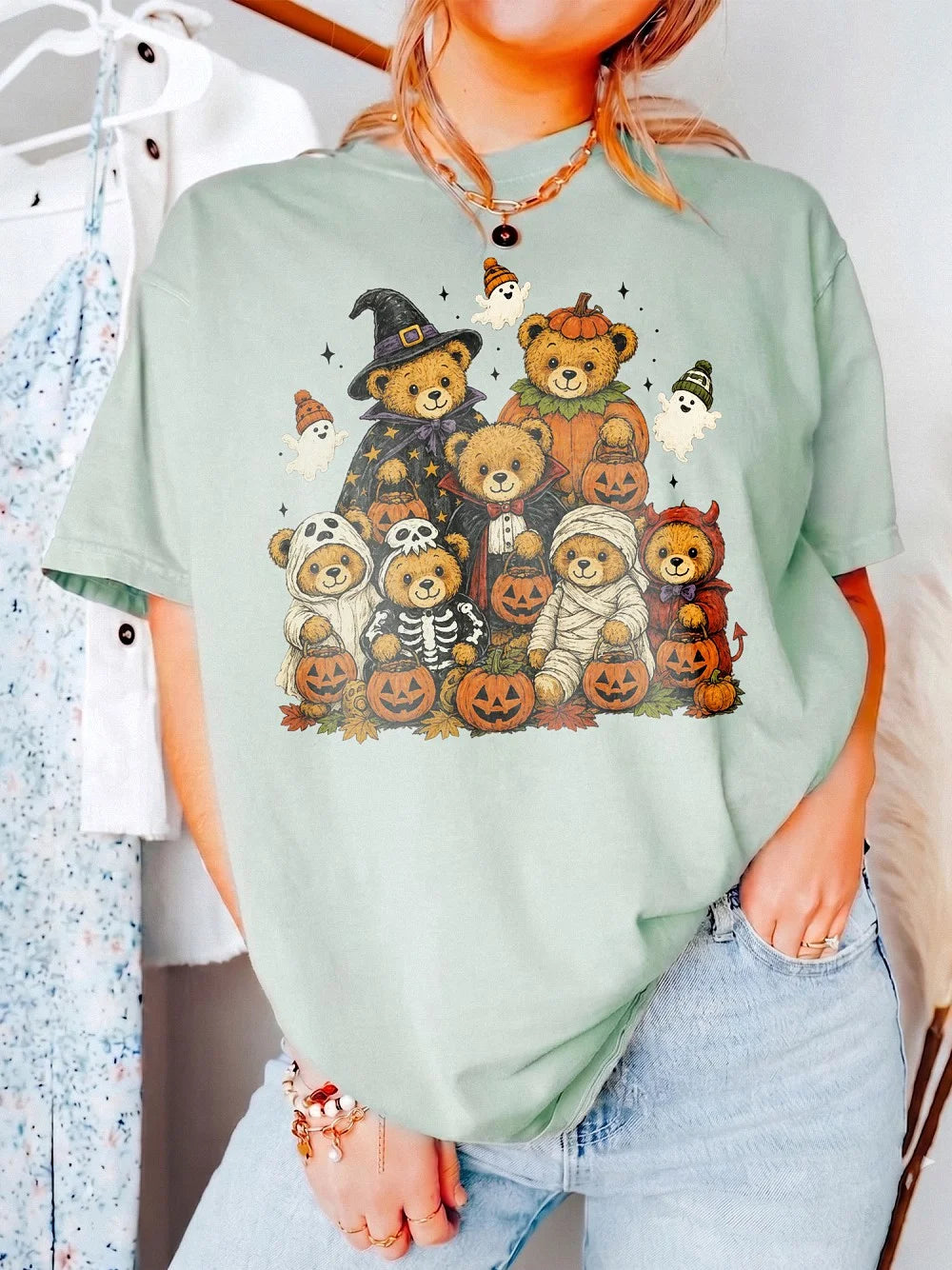 Cute Halloween Teddy Bear Graphic Tee Women's Fall Costume Shirt
