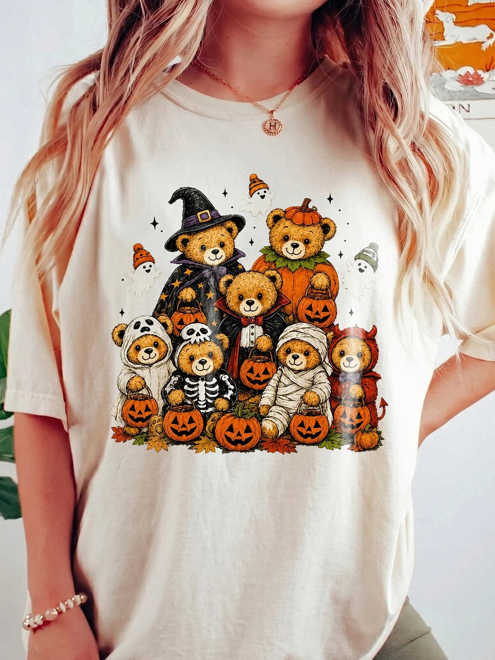 Cute Halloween Teddy Bear Graphic Tee Women's Fall Costume Shirt