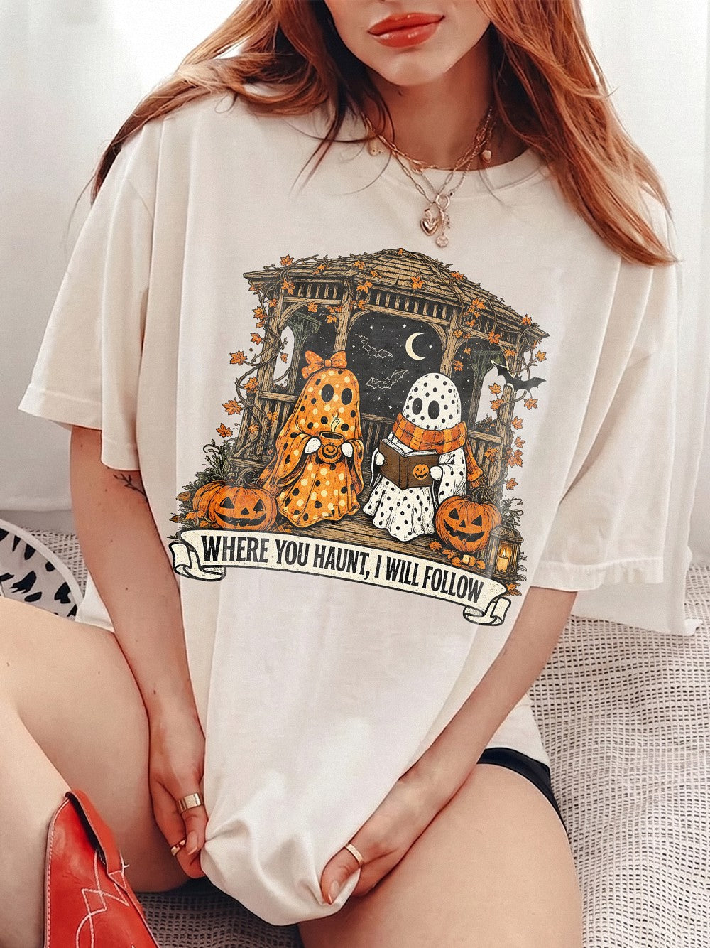 Spooky Season Ghost Graphic Tee Couples Halloween T-Shirt Vintage Fall Best Friend Gift
