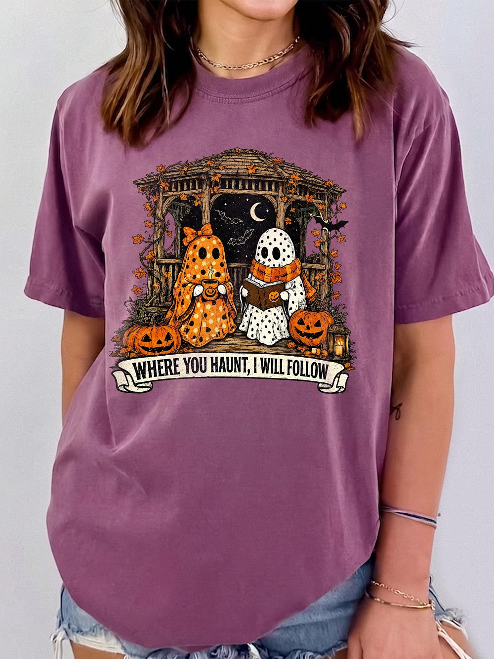 Spooky Season Ghost Graphic Tee Couples Halloween T-Shirt Vintage Fall Best Friend Gift
