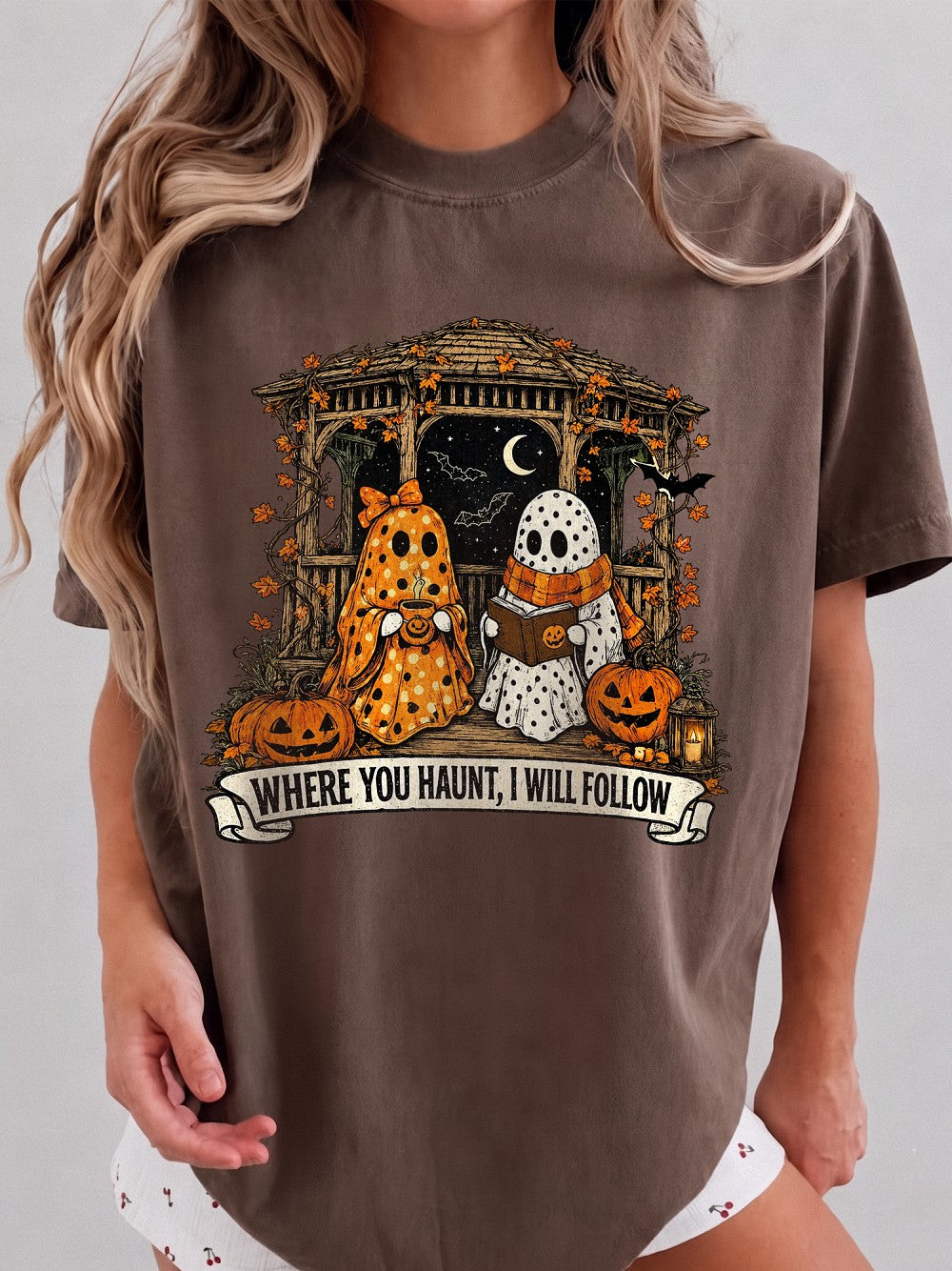 Spooky Season Ghost Graphic Tee Couples Halloween T-Shirt Vintage Fall Best Friend Gift