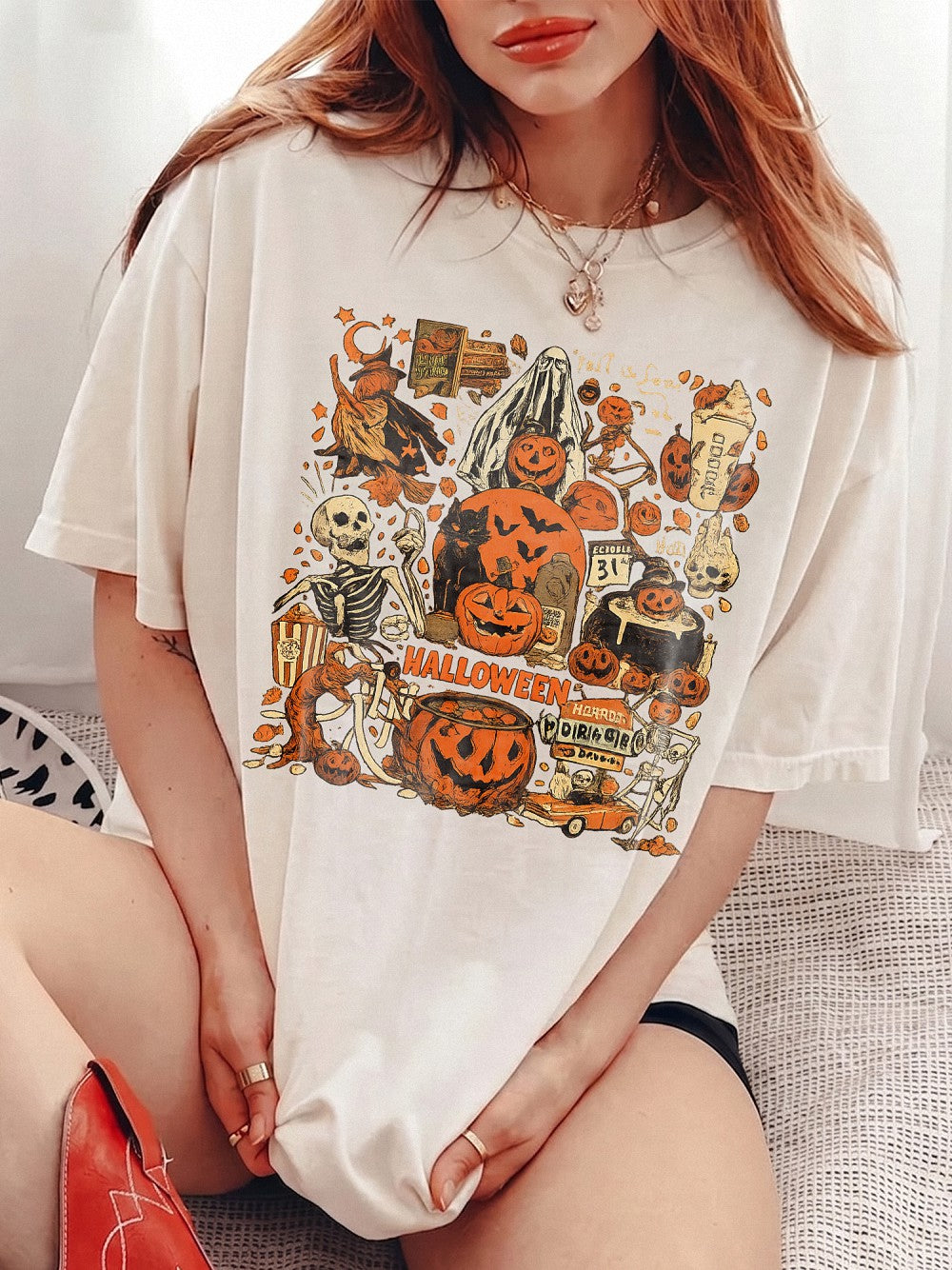 Vintage Halloween Graphic Tee Retro Spooky Season Shirt For Women Fall Festival Apparel