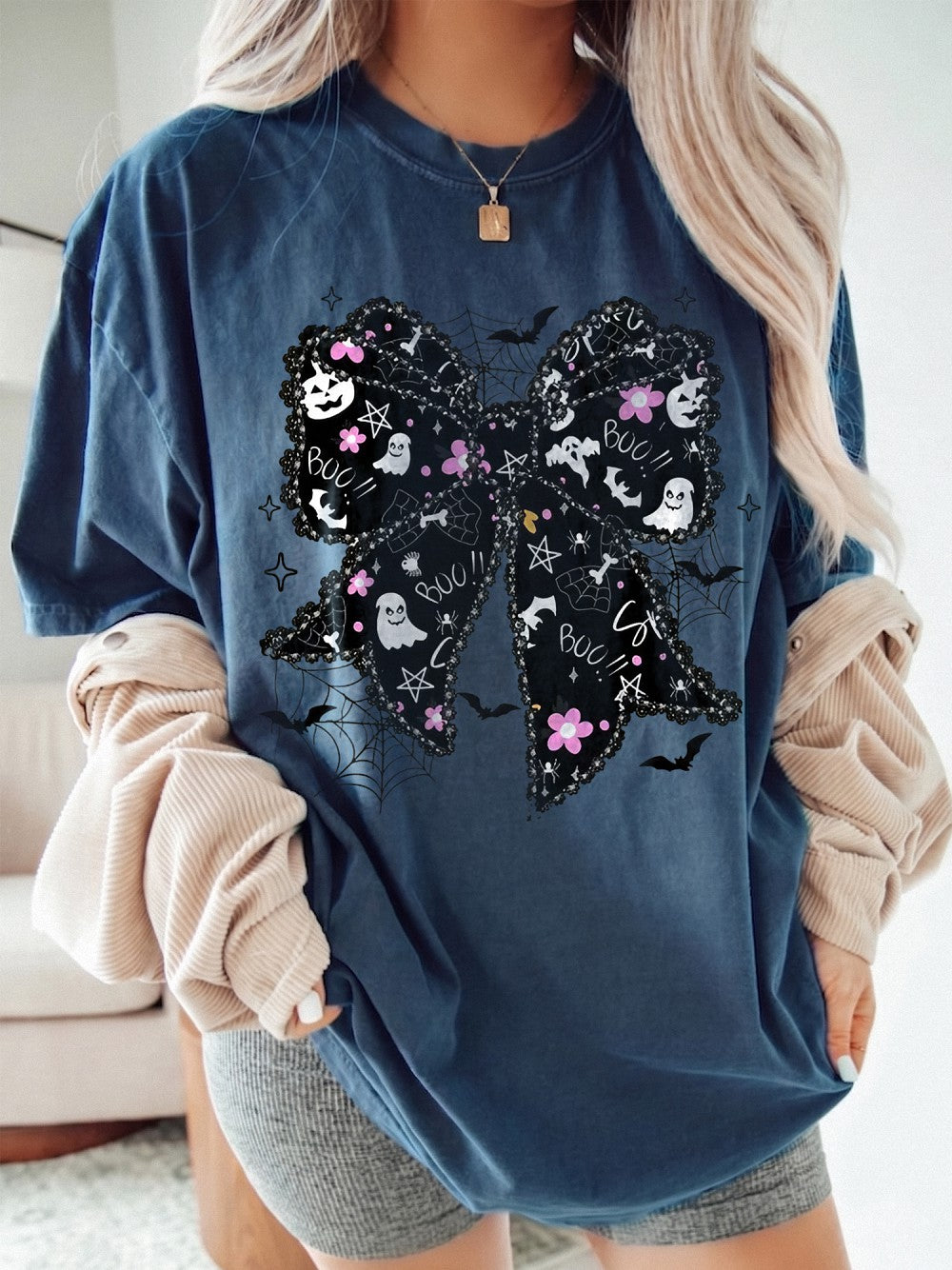 Spooky Coquette Boo T-Shirt Cute Ghost And Bat Bow Halloween Graphic Tee