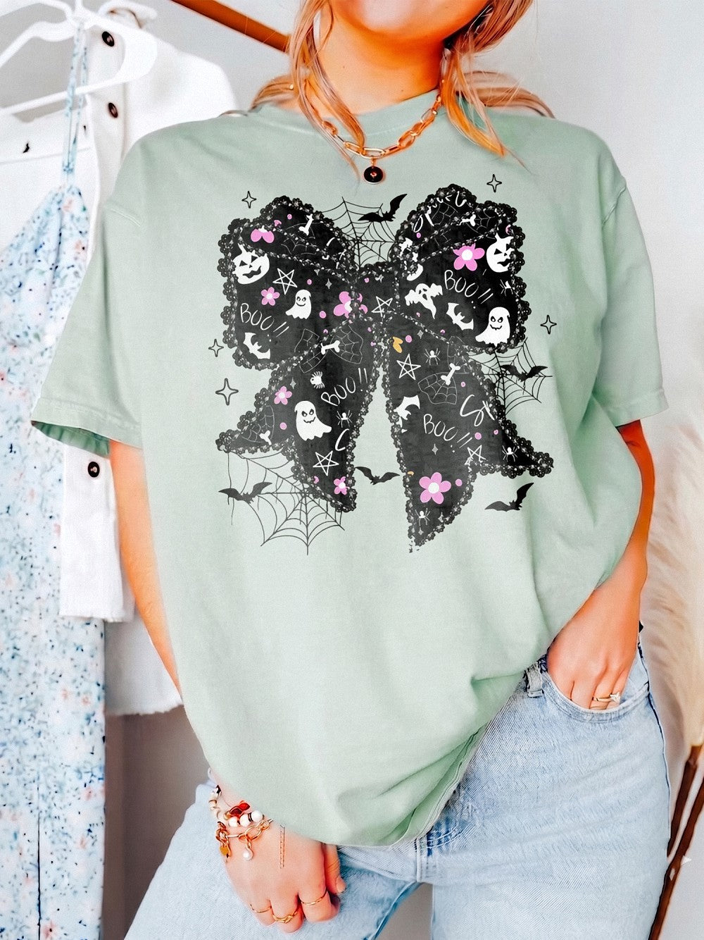 Spooky Coquette Boo T-Shirt Cute Ghost And Bat Bow Halloween Graphic Tee