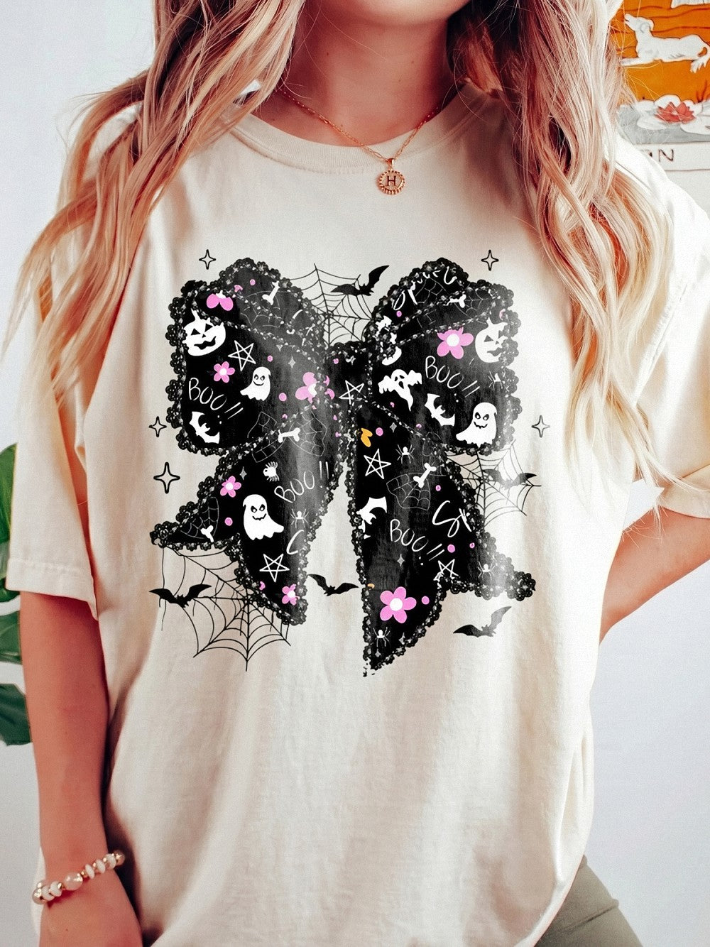 Spooky Coquette Boo T-Shirt Cute Ghost And Bat Bow Halloween Graphic Tee