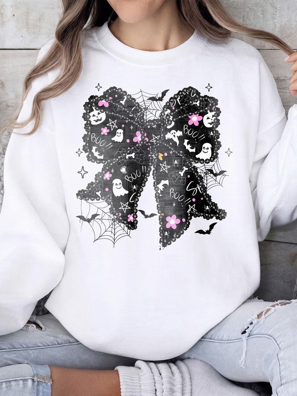 Spooky Coquette Boo T-Shirt Cute Ghost And Bat Bow Halloween Graphic Tee
