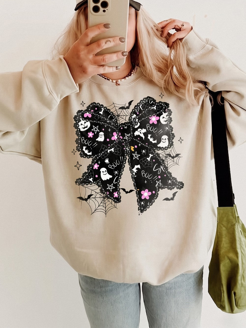 Spooky Coquette Boo T-Shirt Cute Ghost And Bat Bow Halloween Graphic Tee