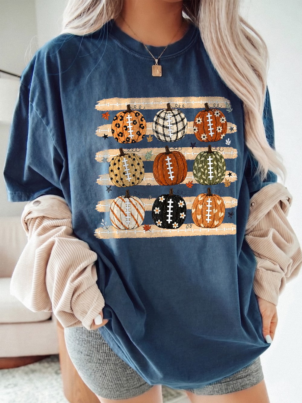 Pumpkin Football Fall Graphic T-Shirt Women's Autumn Game Day Tee