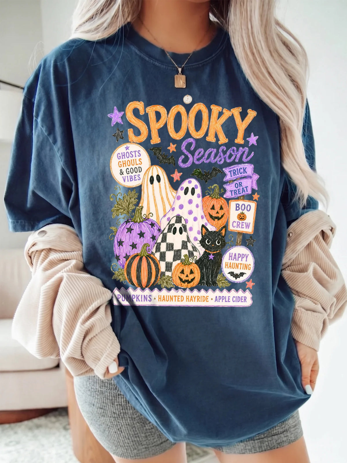 Retro Spooky Season Halloween Shirt, Cute Boo Crew Ghost And Pumpkin Graphic Tee For Fall
