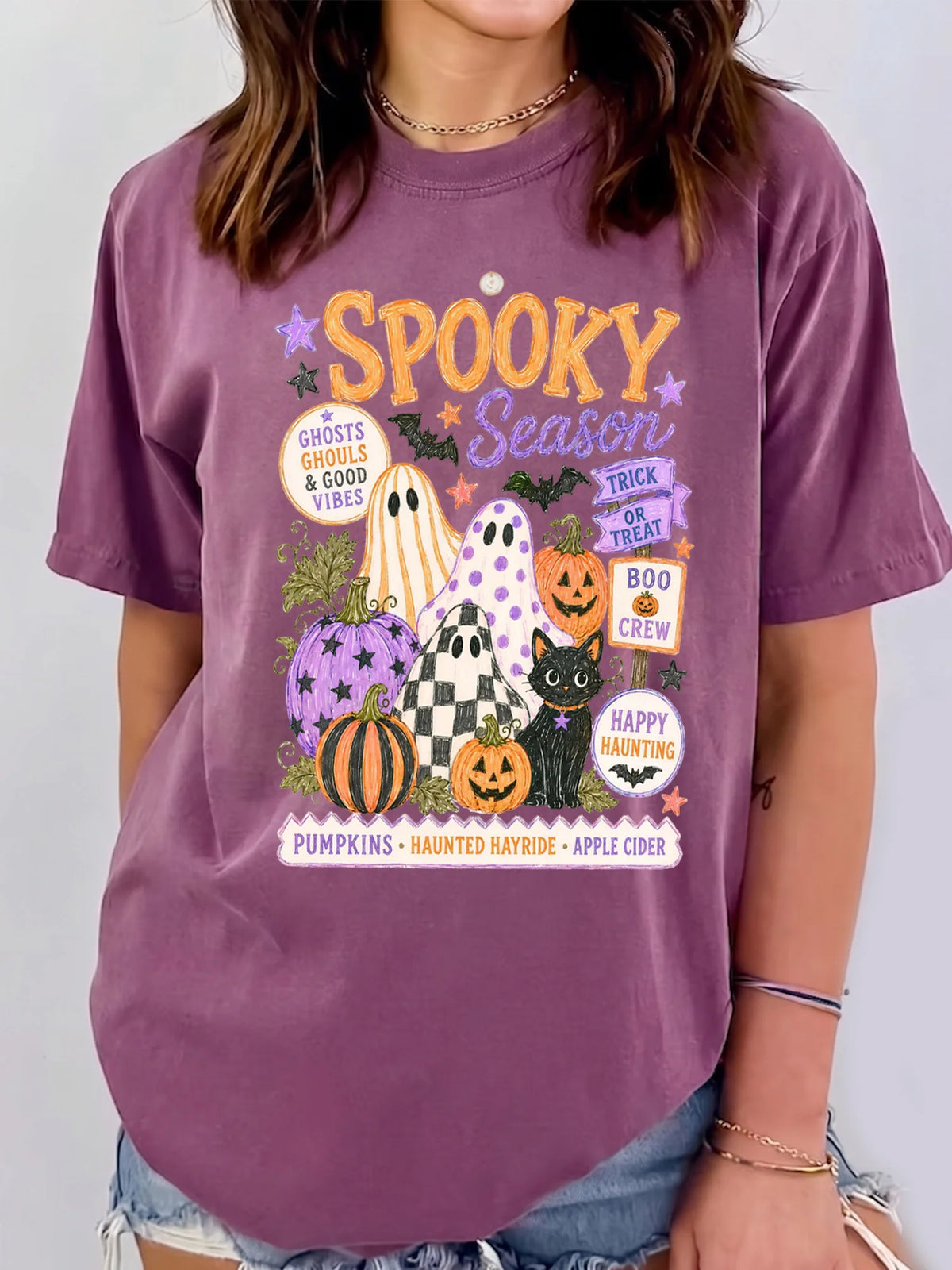 Retro Spooky Season Halloween Shirt, Cute Boo Crew Ghost And Pumpkin Graphic Tee For Fall