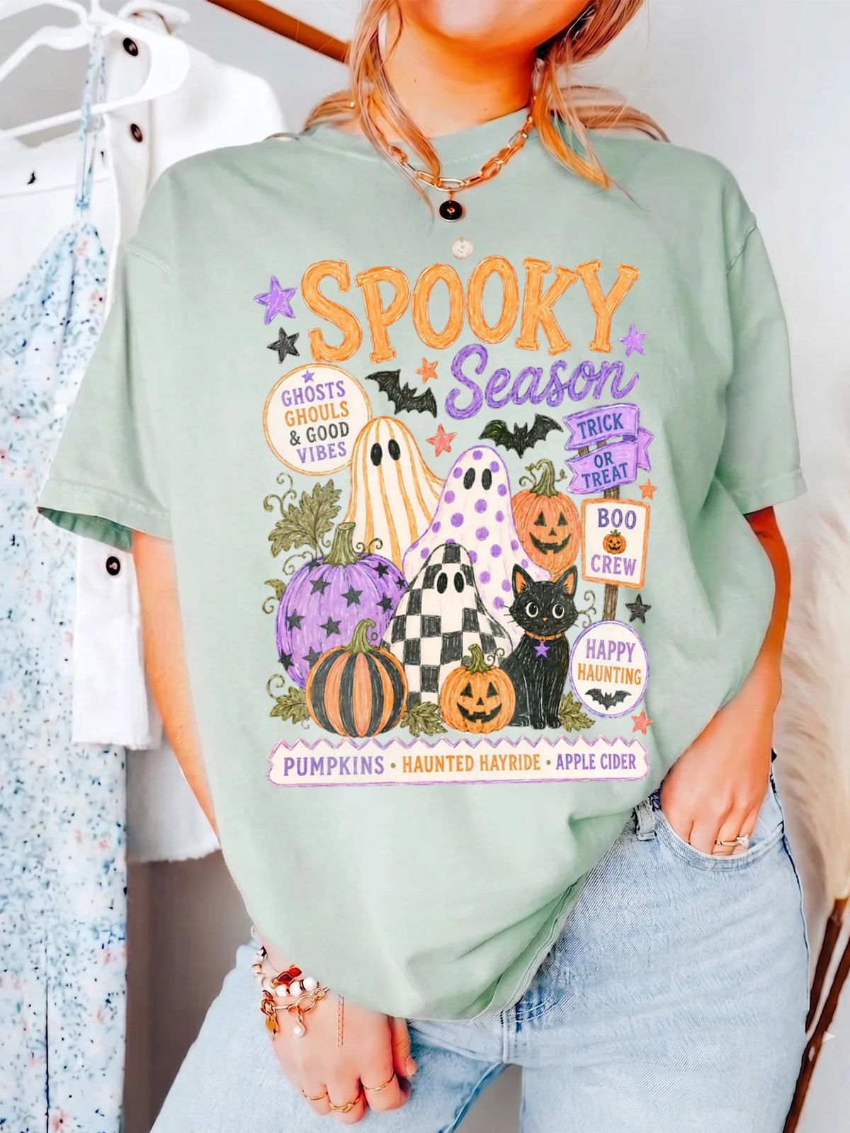Retro Spooky Season Halloween Shirt, Cute Boo Crew Ghost And Pumpkin Graphic Tee For Fall