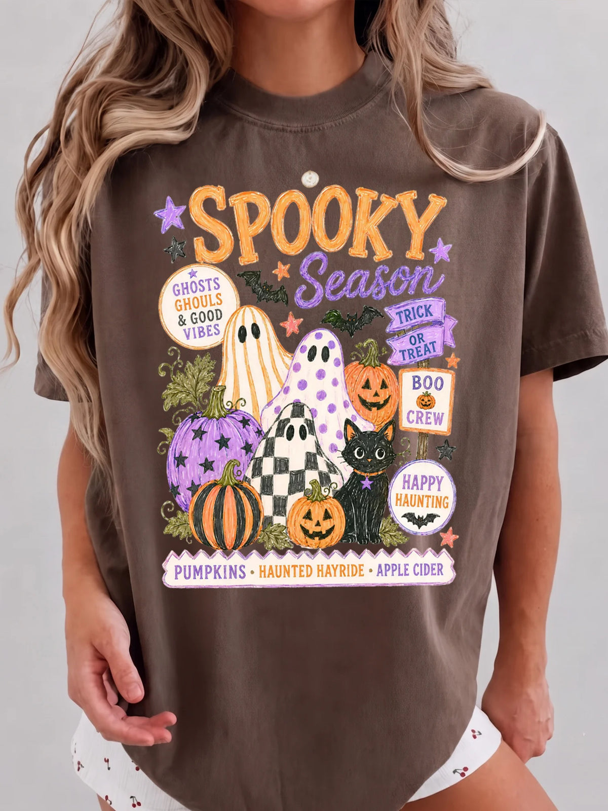 Retro Spooky Season Halloween Shirt, Cute Boo Crew Ghost And Pumpkin Graphic Tee For Fall